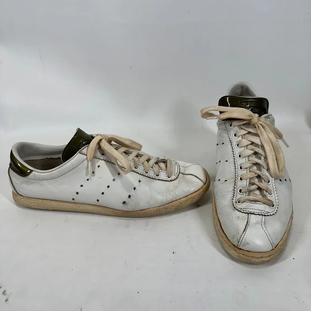 Vintage Adidas Newcombe France White Olive Green Leather Sneakers Size 11-12 US